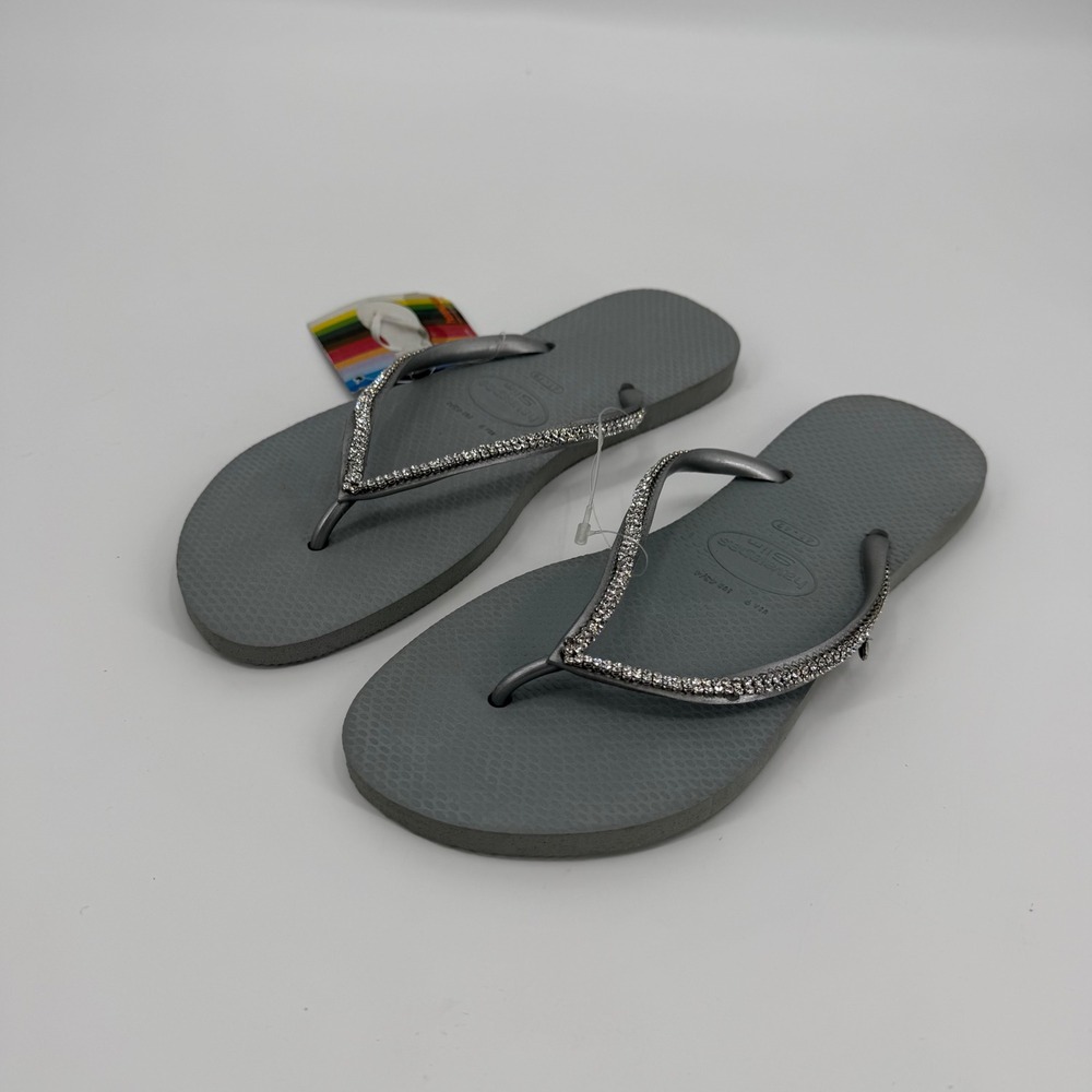 Havaianas Slim Crystal Mesh Flip Flops Silver Moon Rhinestone Sandals 10/11 NEW